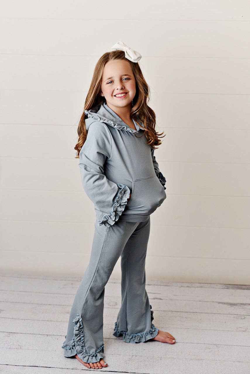 Kids Gray Hooded Ruffle Pocket Fall Winter Lounge Set