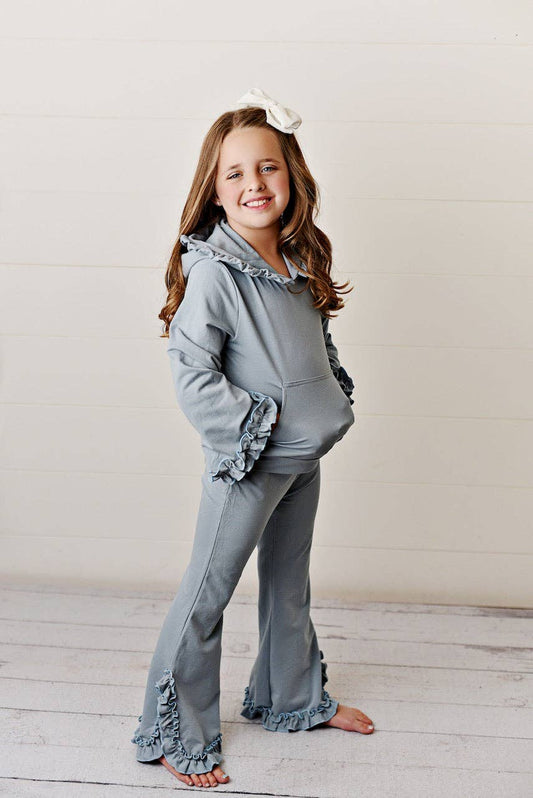 Kids Gray Hooded Ruffle Pocket Fall Winter Lounge Set