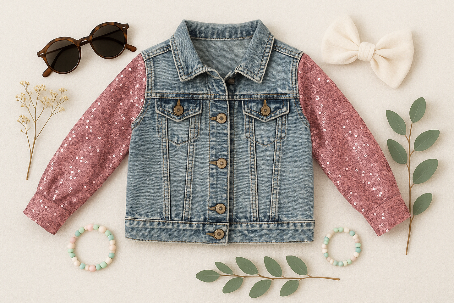 Kids Pink Sequin & Light Wash Denim Jacket