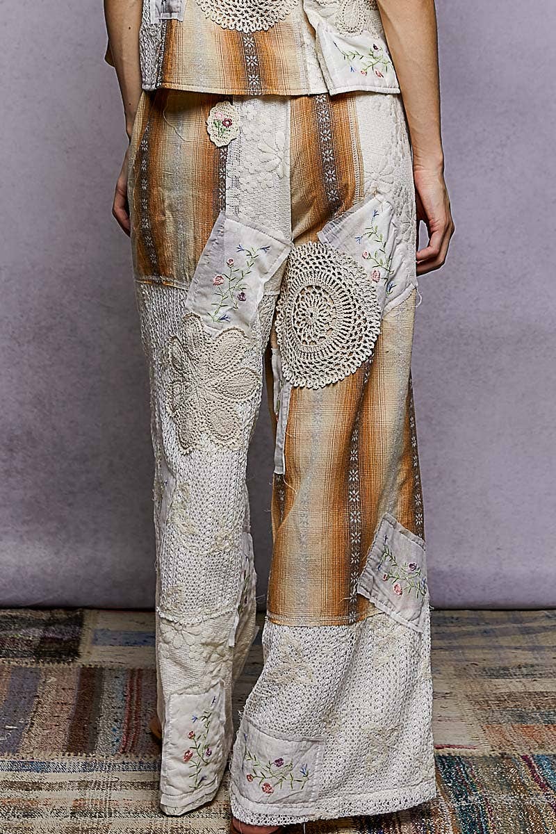 Solid Lace Patch Detail Woven Pants