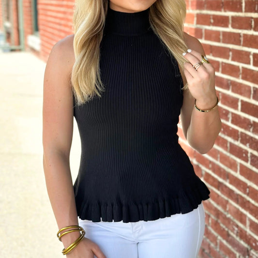 Fate Mock Neck Sleeveless Peplum Ribbed Sweater